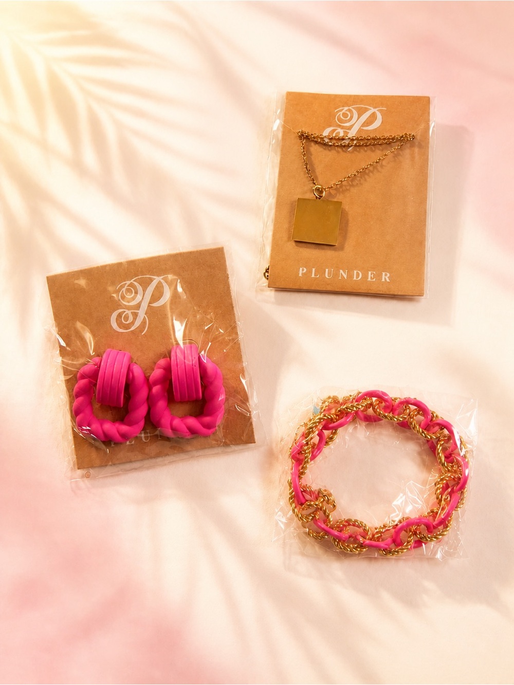 Plunder Hot pink Bracelet and Earrings And Square pendant Necklace.